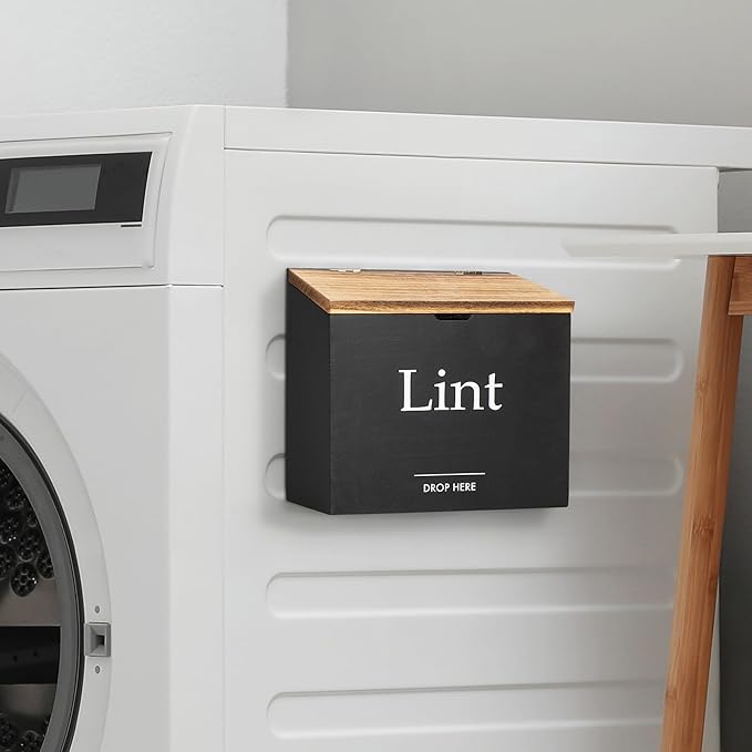 Magnetic Lint Bin for Laundry Room - Compact Size, Wooden Dryer Lint Holder with Lid - Rustic Lint Box, Magnetic Bin - Modern Farmhouse Laundry Room Decor, Black with Torched Lid