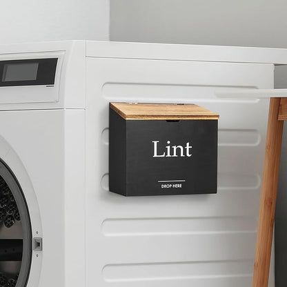Magnetic Lint Bin for Laundry Room - Compact Size, Wooden Dryer Lint Holder with Lid - Rustic Lint Box, Magnetic Bin - Modern Farmhouse Laundry Room Decor, Black with Torched Lid