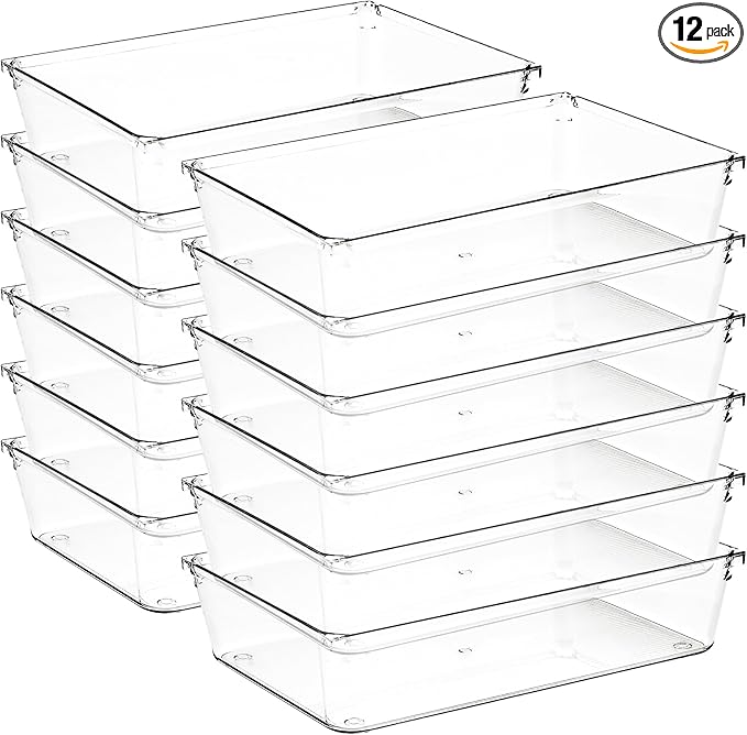 Ravinte Decor 12 Pack Drawer Organizer - 6" X 9" Clear Acrylic Storage Bins with Non-Slip Pads, Versatile Desk Tray for Makeup, Jewelry, Kitchen, Bathroom, and Office Organization