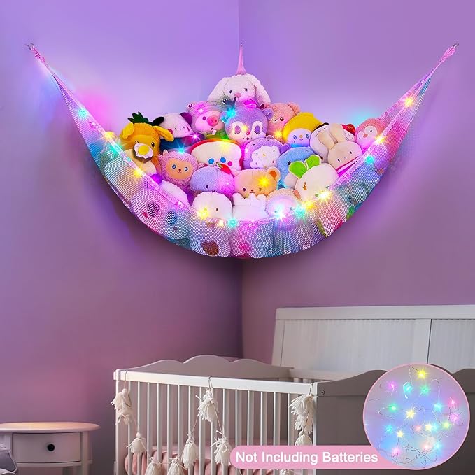 Unicorn Castle Stuffed Animals Net or Hammock Kids Toy Storage Organizer with LED Light Hanging Corner Stuffed Animals Holder Kids Girls Room Decor,Pink-Blue-Purple,Large (Pack of 1)