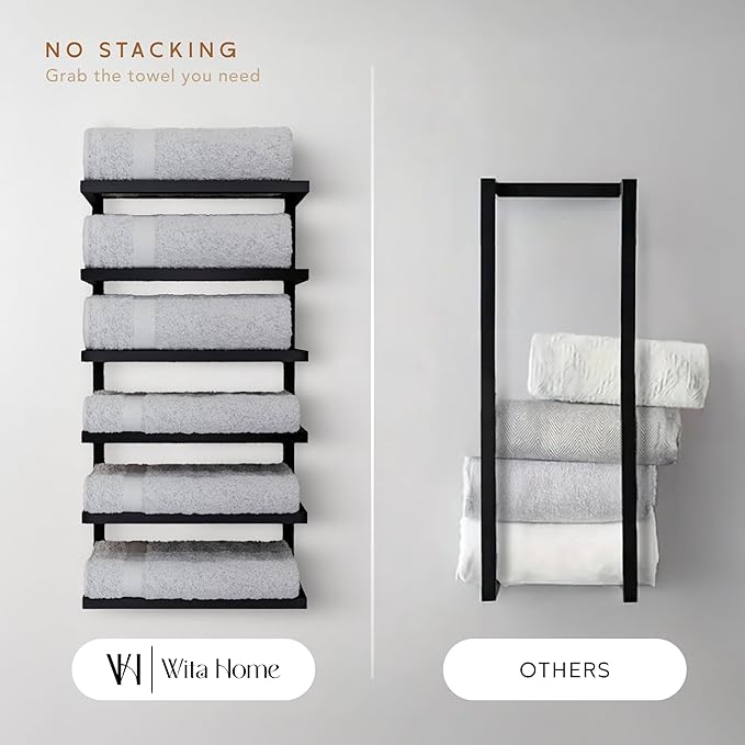 Modern 5-Tier/6-Tier Towel Rack - Wall-Mounted Black Metal Towel Shelf for Bathroom, Space-Saving Storage for Towels, Organizers, and Home Decor (6-Tier)