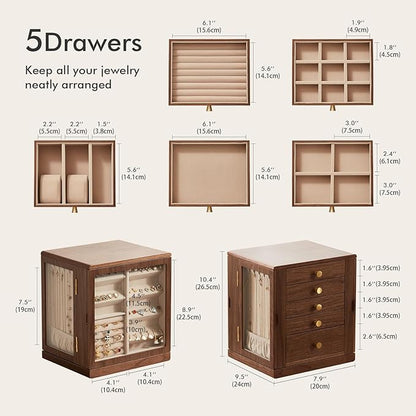 Homruilink Black Walnut Wooden Jewelry Box - 360° Rotating Jewelry Organizer for Women with 5 Drawers for Rings,Necklaces,Earrings and Bracelets -Large Storage Case - Valentines Day Gifts for Her