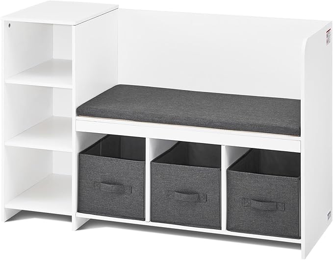 VEVOR Kids Reading Nook Bench, Toddler Bookshelf and Bookcase with Detachable Seat Cushion, 6-Cubby Storage Organizer Bench with 3 Drawers, Ideal for Playroom, Bedroom, Living Room or Entryway, White