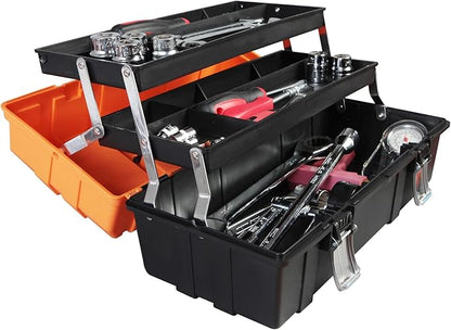 Torin 17-Inch Plastic Tool Box,3-Tiers Multi-Function Storage Portable Toolbox Organizer, Black/Orange ATRJH-3430T