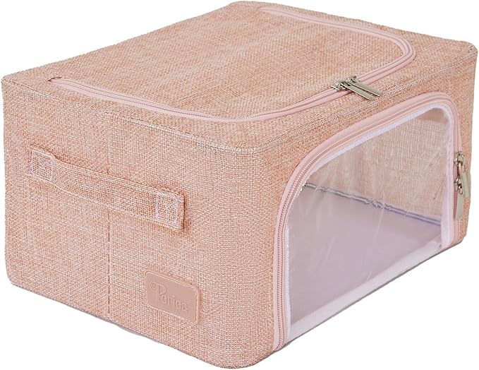 Periea Oxford Cloth Steel Frame Storage Boxes - Under-Bed or in Closet - Pack of 2 Compact Organizers (Pink Hemp)