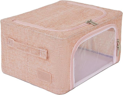 Periea Oxford Cloth Steel Frame Storage Boxes - Under-Bed or in Closet - Pack of 2 Compact Organizers (Pink Hemp)