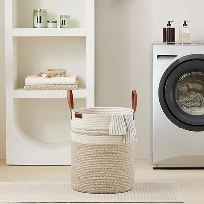 VIPOSCO Tall Laundry Basket, Large Dirty Clothes Hamper with Leather Handle, Woven Rope Storage Basket for Blanket, Toy In Living Room, Bathroom, Bedroom - 53L Brown & White