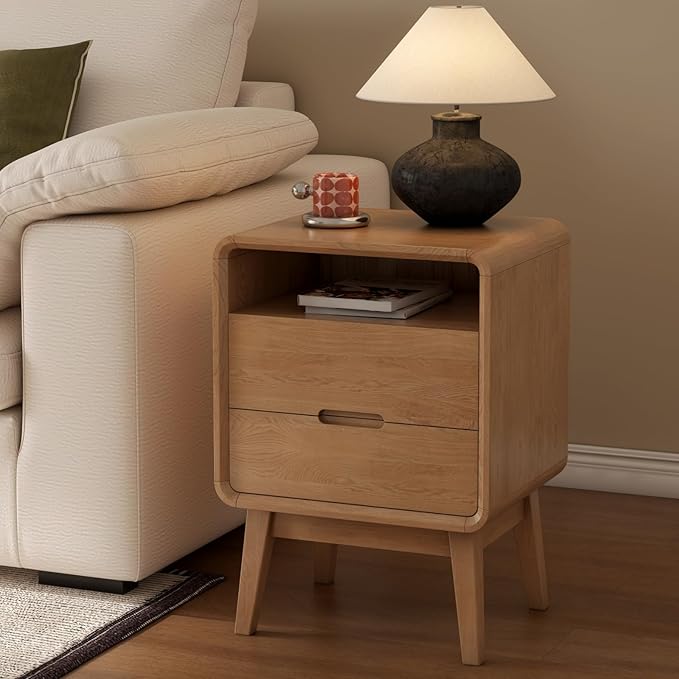 Vadisun 100% Solid Oak Wood Nightstand with 2 Drawers, Mid Century Modern Night Stand with Open Shelf, Wooden Nightstand, Small Night Stand for Small Spaces, Oak Bedside Table for Bedroom(23.23" H)