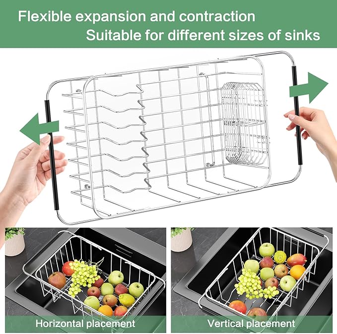 SwetLao Dish Drainer Rack in Sink Adjustable, Expandable 304 Stainless Steel Metal Dish Drying Rack Organizer with Stainless Steel Utensil Holder Over Inside Sink Counter, Rustproof