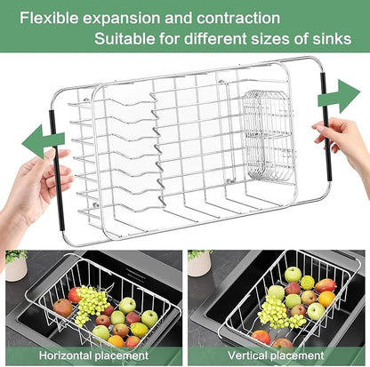 SwetLao Dish Drainer Rack in Sink Adjustable, Expandable 304 Stainless Steel Metal Dish Drying Rack Organizer with Stainless Steel Utensil Holder Over Inside Sink Counter, Rustproof