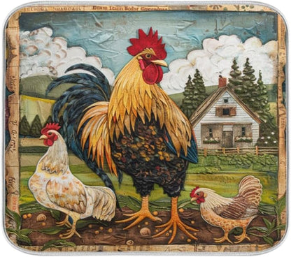 ZzWwR Rural Farm Painting House Rooster and Hen Absorbent Dish Drying Mat Microfiber Kitchen Countertop Table Protector Multi-Purpose Counter Rack Sink Drainer Pad (16" x 18)