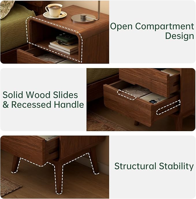 Vadisun Walnut Nightstand Solid Wood Night Stand, Dark Wood Nightstands with 2 Drawers & Open Shelf, Mid Century Modern Nightstand, Wooden Bedside Table for Bedroom(Dark Black Walnut,23.23" H)