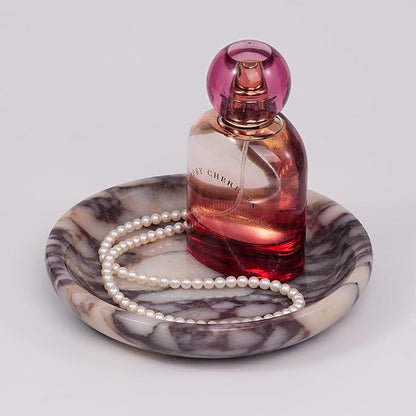 LWALMS Trinket Marble Jewelry Tray - Stone Ring Key Purse Holder Dish, Small Cute Round Plate Decorative Bowl for Nightstand Entryway Coffee Table Decor (5.5 inch)
