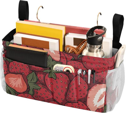 CuwrYet Bedside Caddy Hanging Bunk Bed Caddy Bed Organizer Hanging Pocket with 2 Hooks Bedside Storage Organizer Pocket Bag Holder Cartoon Red Strawberry