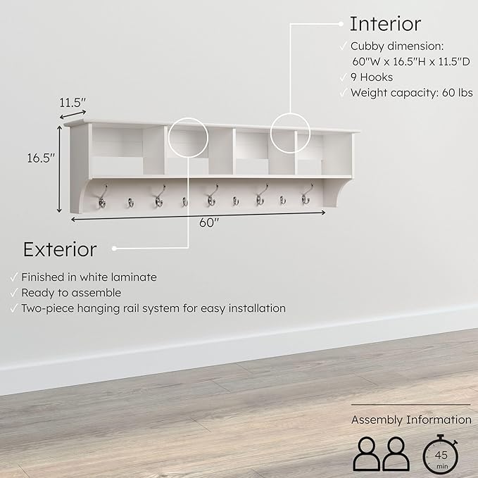 Prepac 60" Contemporary Wall Mounted Coat Rack, Coat Hooks Wall Mount with 4 Shelves, Ideal for Hallway or Entryway Storage Solution, 11.5"D x 60"W x 16.5"H, White