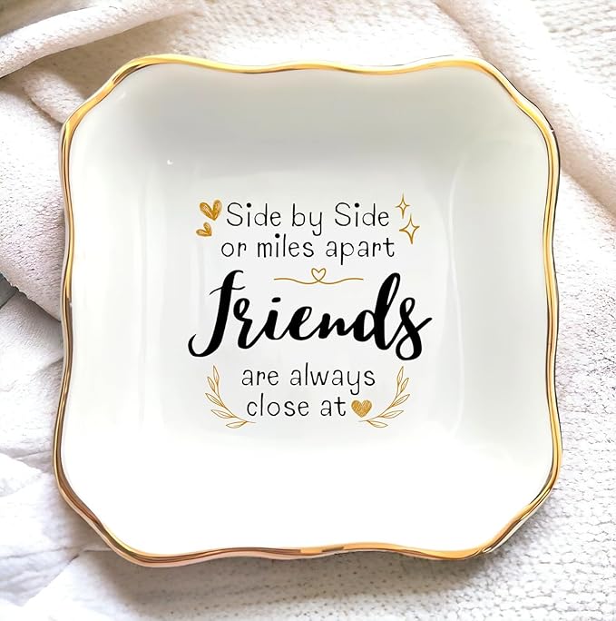 HatafaFurni gift for Friend - Side by Side or Miles Apart Friends Are Always Close at Heart - Birthday, Christmas, Wedding Gifts - Jewelry Dish, Ceramic Ring Dish, Trinket tray, Ring tray