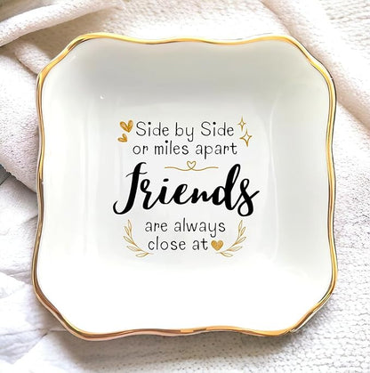 HatafaFurni gift for Friend - Side by Side or Miles Apart Friends Are Always Close at Heart - Birthday, Christmas, Wedding Gifts - Jewelry Dish, Ceramic Ring Dish, Trinket tray, Ring tray
