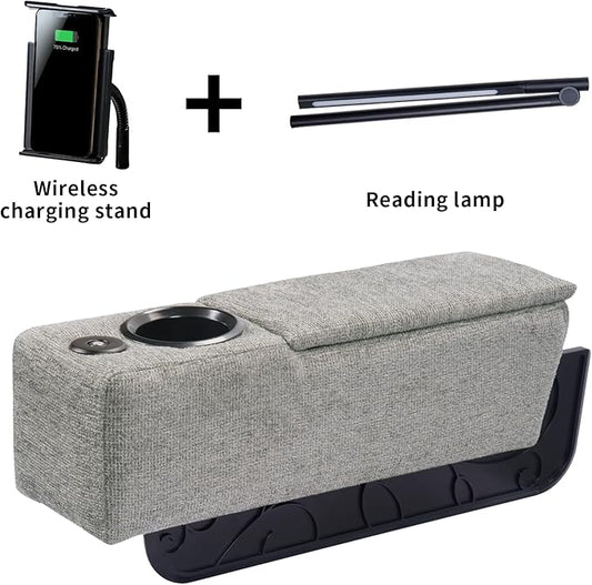 Multifunctional Sofa Armrest, Couch Armrest with Cup Holder, Removable Sofa Caddy with Storage,Equipped with LED Reading Light&Wireless Charge Stand, Grey