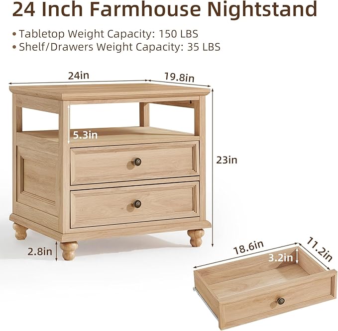 Joaxswe 24" Wide Farmhouse Night Stand,Large End Table with 2 Drawers & Metal Handle,Wood Dresser for Bedroom, Natural Bed Side Table Chest of Drawers Cabinet,Nightstand for Living Room,Closet