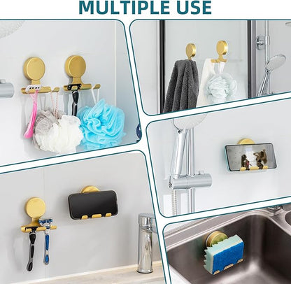 TAILI 2 Pack Powerful Suction Cup Razor Holder, 304 Stainless Steel Bathroom Suction Hooks for Towel, Loofah, Bathrobe, Stylish Shaver Holder for Shower Wall, Easy to Install and Reuse, Gold