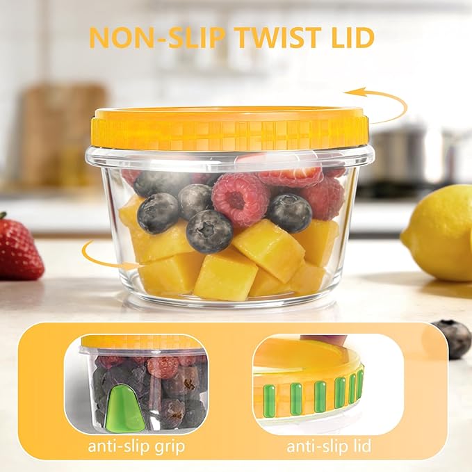 Slomg 10 Pack 16 oz Freezer Storage Containers with Yellow Twist Top Lids, Small Plastic Food Storage Soup Meal Prep Containers, Leakproof Overnight Quart Containers for Lunch Leftover Fruit Salad Oat