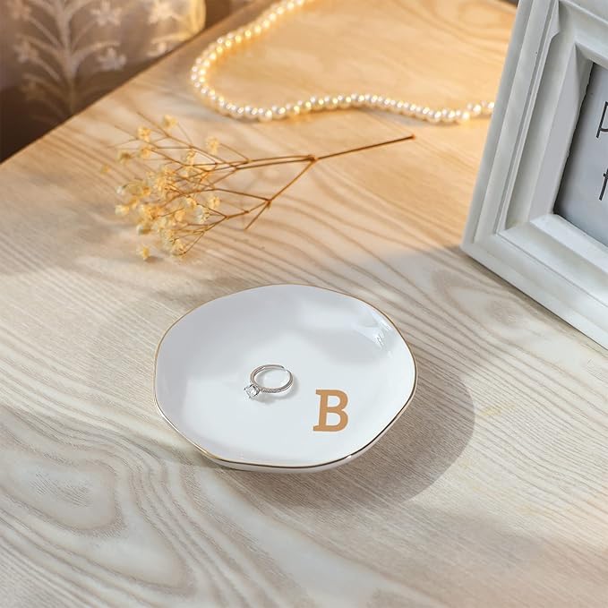 VINCOMIC Initials Ring Dish Jewery Tray with Personalized B-Monogrammed Gifts Wedding Engagement for Women Friends sister,Ceramic White