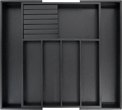VaeFae Bamboo Silverware Drawer Organizer Kitchen, Expandable Utensil Organizer with Knife Block, Cutlery Tray with Divider, Multifunctional Drawer Organizer (Black)