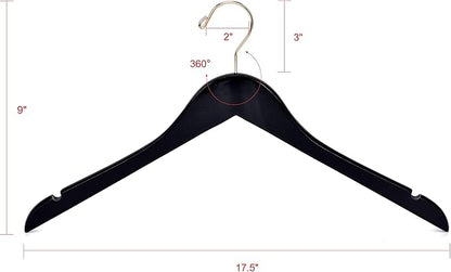 Quality Black Semi Curved Wooden Suit Hangers, 20-Pack Smooth Finish Solid Wood Coat Hanger with Swivel Hook, Jacket, Pant, Dress Clothes Hangers (Black - Gold Hook, 20)