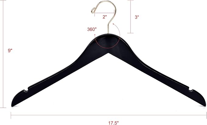 Quality Semi Curved Black Wooden Suit Hangers, 80-Pack Smooth Finish Solid Wood Coat Hanger with Swivel Hook, Jacket, Pant, Dress Clothes Hangers (Black - Gold Hook, 80)