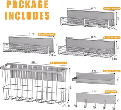Laundry Organizer with Hanger 6-Pack, Magnetic Shelves for Washing Machine, Magnetic Refrigerator Shelves, Magnet Holder & Baskets, Metal Storage System for Laundry Room, Grey