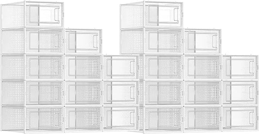 SONGMICS Shoe Boxes, Pack of 24 Shoe Storage Organizers, Stackable Clear Plastic Boxes for Closet, Sneakers, 13.1 x 9.1 x 5.6 Inches, Transparent and White ULSP906W12
