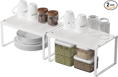 HHVACUUN Cabinet Organizer Shelf, Set of 2 Cabinet Shelves, Stackable Metal Kitchen Counter Organizer, Adjustable Countertop Cupboard Pantry Shelf Riser Storage Rack, WHite