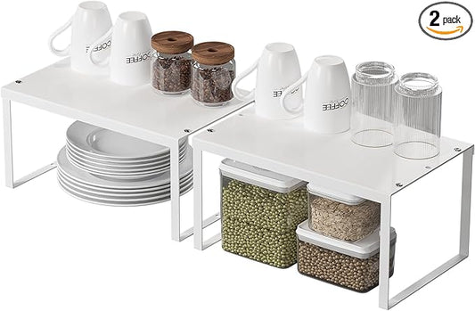 HHVACUUN Cabinet Organizer Shelf, Set of 2 Cabinet Shelves, Stackable Metal Kitchen Counter Organizer, Adjustable Countertop Cupboard Pantry Shelf Riser Storage Rack, WHite