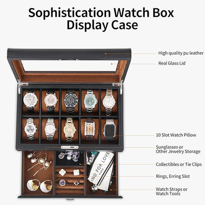 HELMDY Leather Watch Box with Drawer-10 Slots Locking Jewelry Watches Holder for Men-Luxury Watch Case Display Organizer-2 Tier Organizer Watch Showcase-Storage Case