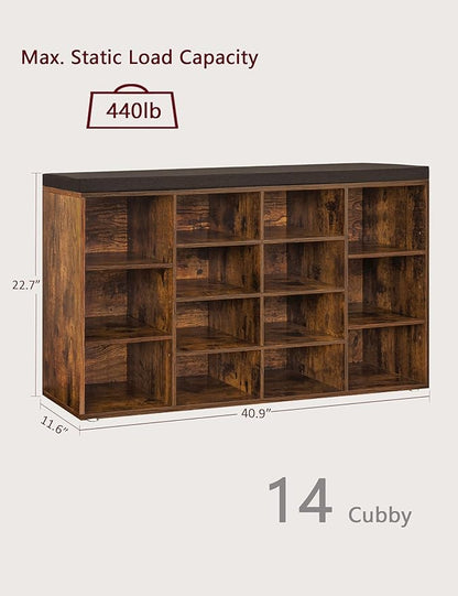 DINZI LVJ Shoe Storage Bench with Cushion, 14-Cubby Shoe Rack, Adjustable Shelves, Multifunctional Shoe Organizer Bench for Entryway, Mudroom, Hallway, Living Room, Bedroom and Garage, Rustic Brown