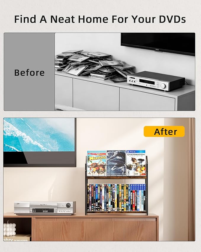 2-Tier DVD Storage Rack, DVD Shelf for Non-slip Feets, DVD Holder Display with 10lb per Tier, Stores Up to 56 DVDs, Display Organizer Tower for Music Enthusiasts and Collection