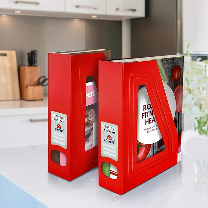 Acrimet Magazine File Holder – Vertical Rack for Documents, Folders and Mail, Durable Plastic Desk Organizer for Office & Home, Solid Red (2 Pack)
