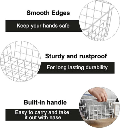 4 Pack White Wire Baskets 11.1"x8.7"x4.7", Wire Freezer Storage Organizer Bins Farmhouse Metal Freezer Basket with Handles for Cabinets, Pantry, Closets, Bedrooms