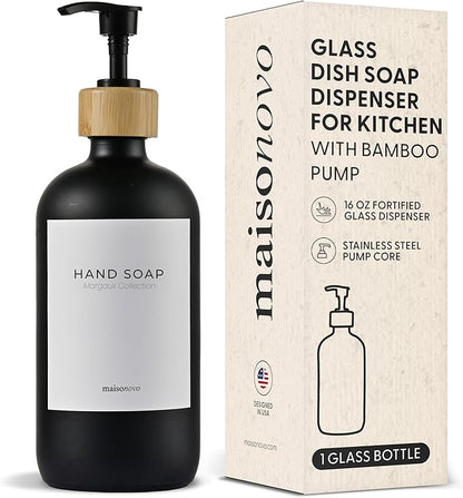 MaisoNovo Glass Hand Soap Dispenser | Dish Soap Dispenser for Kitchen | 16.9oz Black Bottles with Black Bamboo Pump | Bathroom Lotion Dispenser