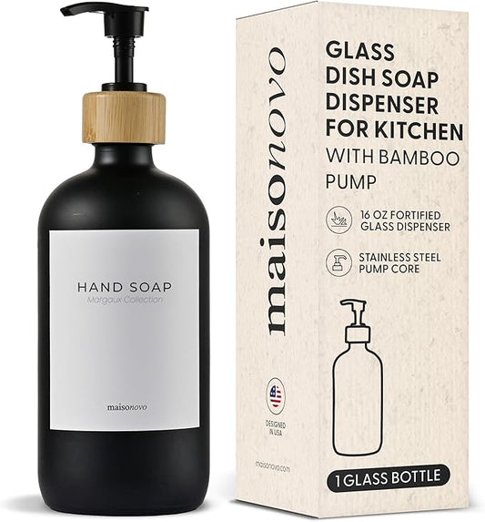MaisoNovo Glass Hand Soap Dispenser | Dish Soap Dispenser for Kitchen | 16.9oz Black Bottles with Black Bamboo Pump | Bathroom Lotion Dispenser