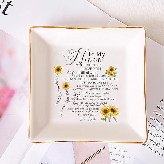 SUNBMO Ceramic Jewelry Dish - Birthday & Christmas Gifts for Niece from Auntie
