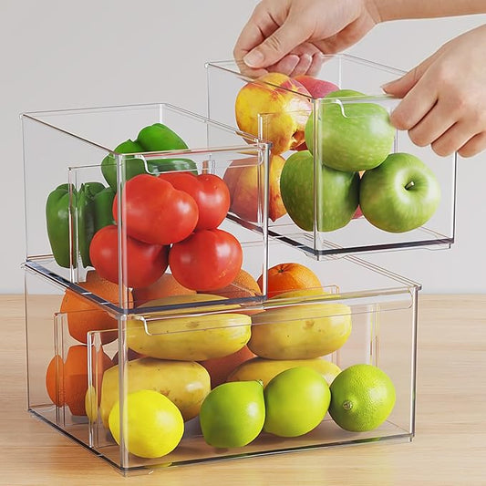 Clear Plastic Storage Bins with Dividers for Kitchen Pantry Organization, 3 Pack Large Thicken Stackable Storage Drawer Boxes for Refrigerator Cabinets Vanity Organizers and Storage, C6-2