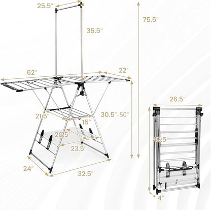 Tangkula 2-Layer Stainless Steel Drying Rack, Foldable Laundry Rack w/ 1 Hanging Bar & 2 Height-Adjustable Wings, 23 Drying Rails, Netting Clothe Drying Rack, No Assembly Required