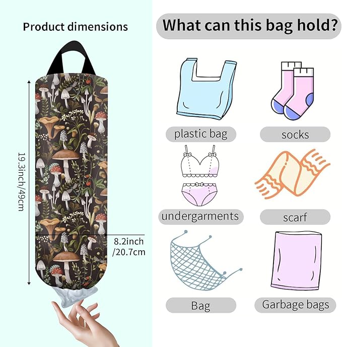 Plastic Bag Holder, Wall Mount Grocery Bag Organizer, Funny Hanging Trash Storage Dispenser for Home Kitchen Boho Mushroom