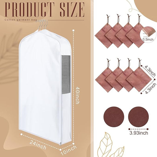 2 Set 40in Short Cotton Garment Bags, 10in Wide Gusset Hanging Storage Clothes with 8 Cedar Blocks, Transparent Mesh Window, Breathable Closet Bags for Fur Coat Suit Sweater Dress, White