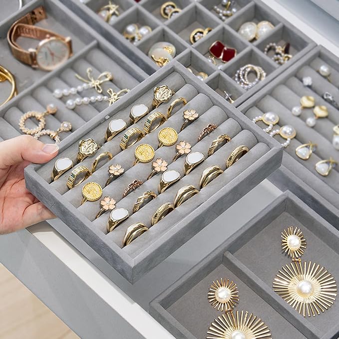 SPAKOWN Jewelry Organizer for Drawer, Adjustable Velvet Jewelry Tray, Stackable Necklace Organizer Earring Holder Organizer Ring Tray Jewelry Storage Display Drawer Inserts Set of 9 (Grey)