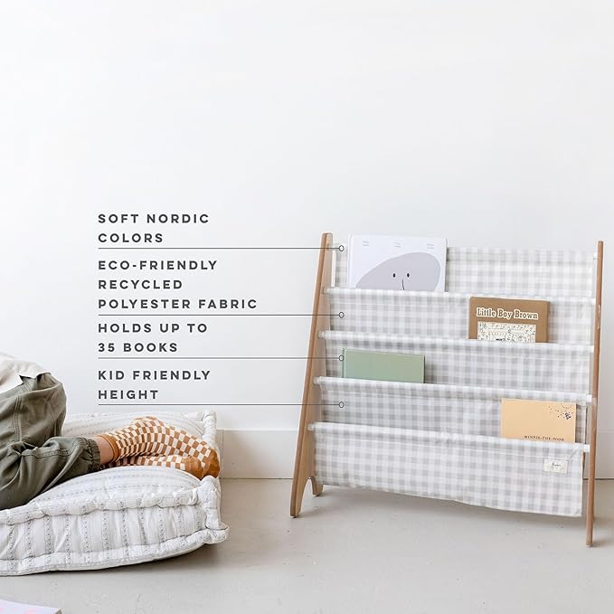 3 Sprouts Recycled Fabric Kids Bookshelf – 4-Tier Sling Book Rack Organizer - Nursery Room Playroom Classroom Wooden Book Shelves - Kid Bookcase Wood Storage Shelf for Toddler Age 3+ - Gingham Beige | Recycled Fabric, Organizer, Nursery Room, Playroom,...