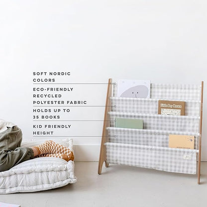 3 Sprouts Recycled Fabric Kids Bookshelf – 4-Tier Sling Book Rack Organizer - Nursery Room Playroom Classroom Wooden Book Shelves - Kid Bookcase Wood Storage Shelf for Toddler Age 3+ - Gingham Beige | Recycled Fabric, Organizer, Nursery Room, Playroom,...