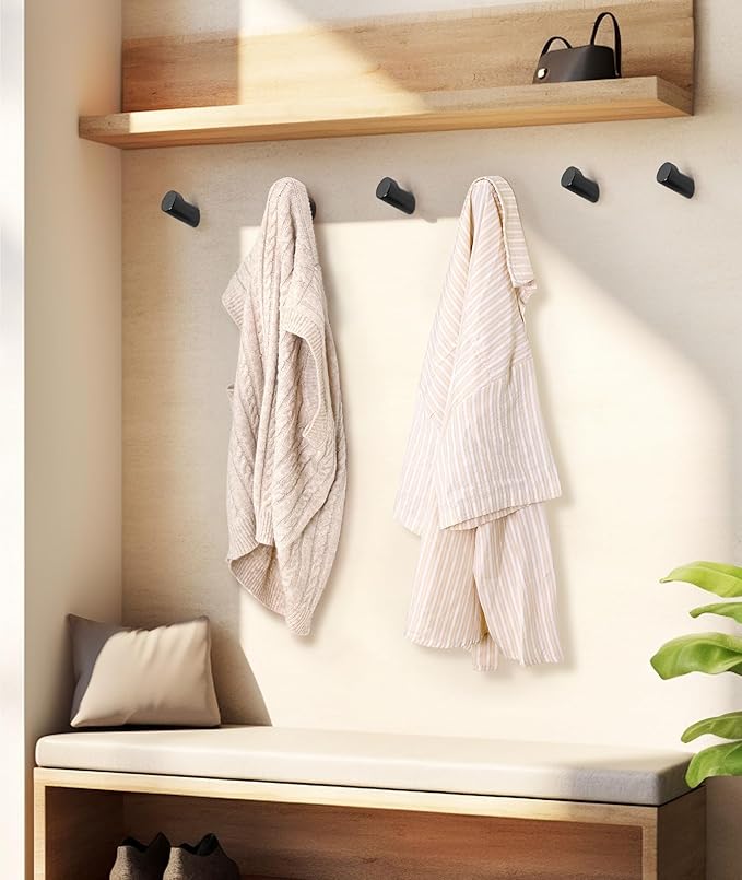 Wood Wall Hooks for Hanging, 6 Pack Hat Hook for Walls, Coat Hook Wall Mount, Backpack Hooks for Walls, Bathroom Towel Hanger (Black)