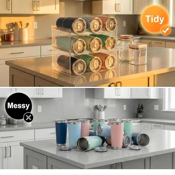 Stackable Water Bottle Organizer for Cabinet, Plastic Bottle Holder Designed for Starbucks Studded Tumblers up to 40oz, Plastic Cup Holder&Wine Rack for Pantry,Cupboard- 6 Layers Hold 18 Bottles